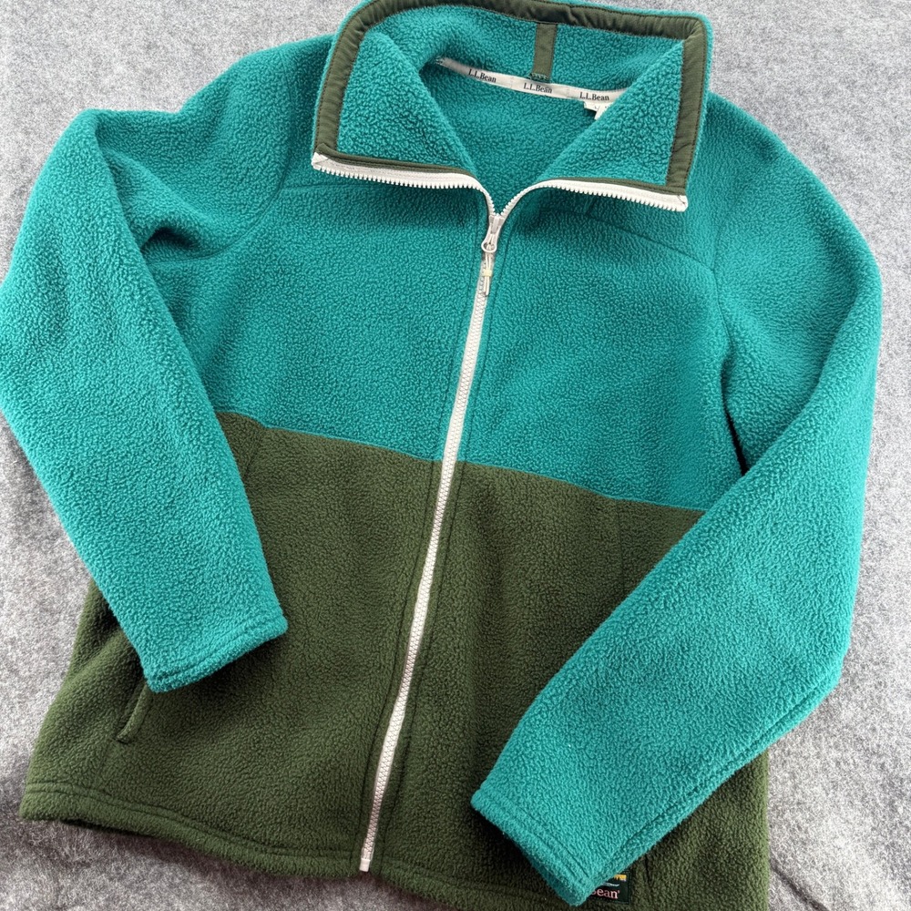 LL Bean Fleece Jacket Womens L Teal‎ Green Colorblock Full Zip Sherpa Mock Neck